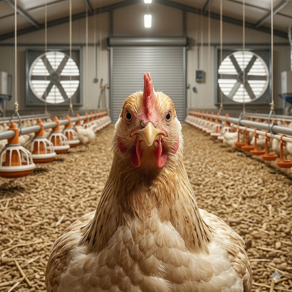 Frango de corte em galpão com ventilação moderna, ilustrando prevenção de doenças respiratórias