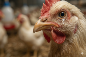 Detalhe macro de olho de frango com secreção, sintoma inicial de micoplasmose aviária